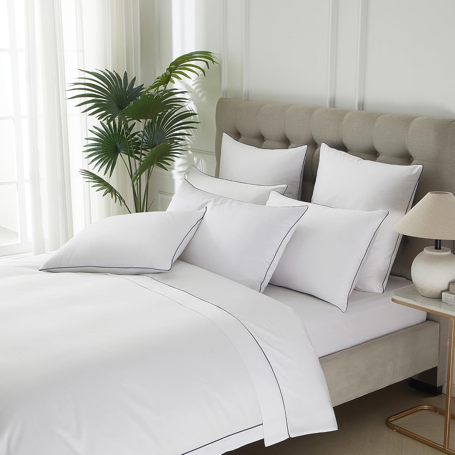 White Standard Pillow Cases Set of 2, Luxury 600 Thread Count 100% Long Staple Cotton Pillow Cases with Navy Piping Trim, Hidden Zipper Closure Bedding Linen, 20x26 Inches