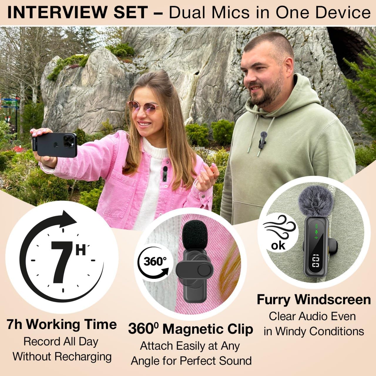 Condition photo showing As Is for wireless lavalier microphone for iphone & android, 2 pack mini mic with usb-c/lightning/usb-a receiver, plug & play no bluetooth, ai noise cancelling lapel mic for tiktok youtube vlog podcast wireless usb c