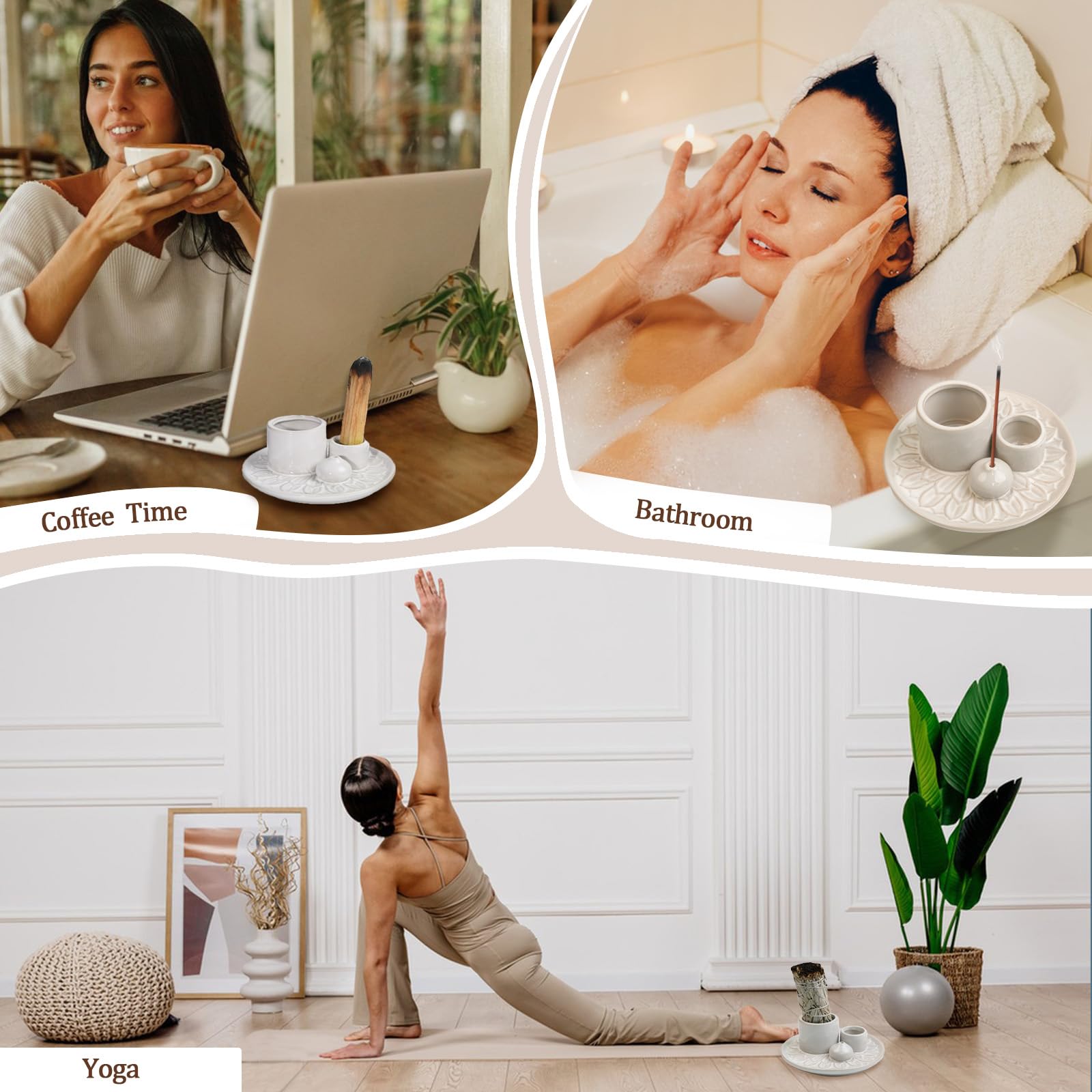 4-in-1 Ceramic Incense Burner Holder - For Palo Santo, Sage, Incense Sticks & Candles, Ash Catcher Tray