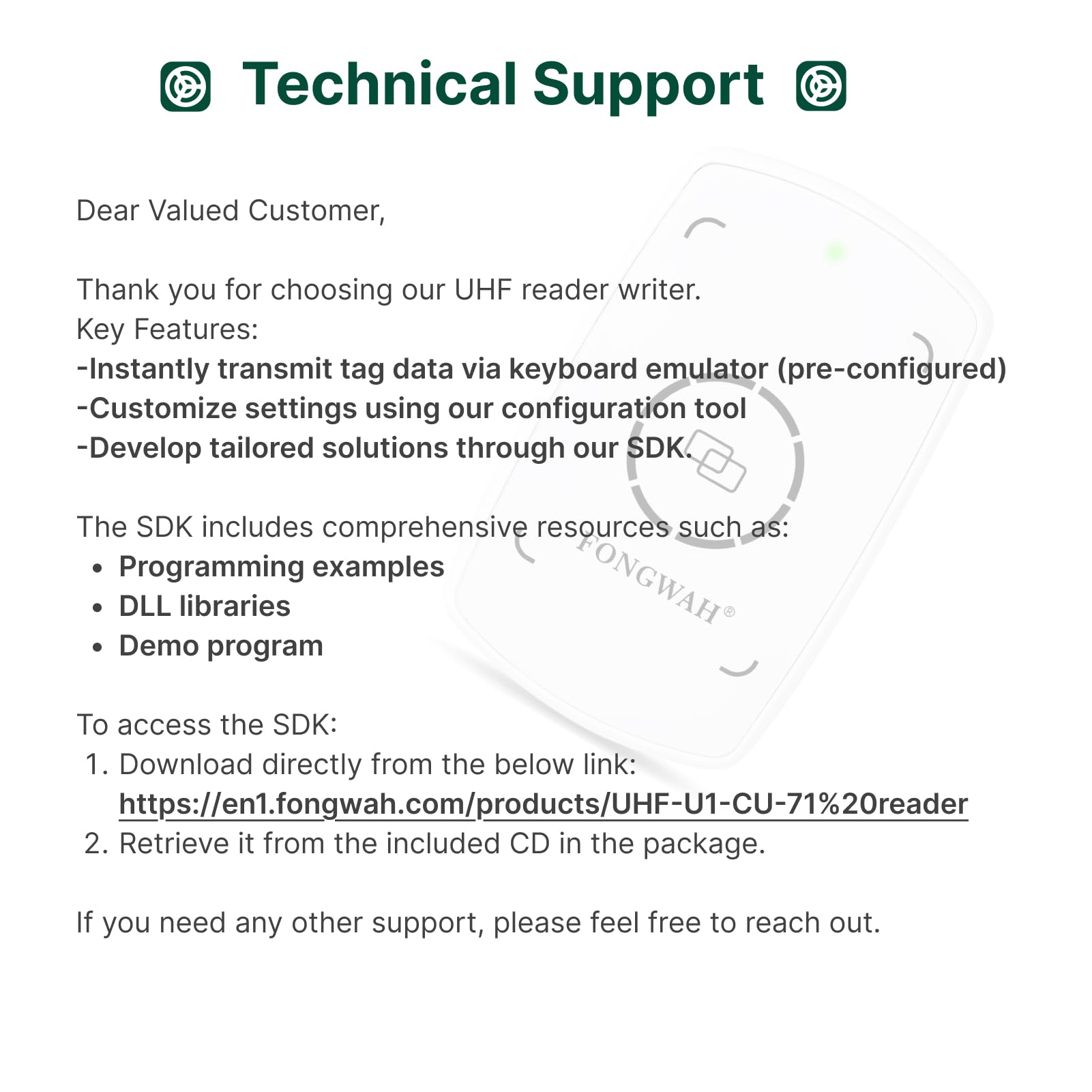 Fongwah Lector/Escritor RFID UHF con Soporte para emulador de Teclado, hasta 50 cm de Distancia de Lectura, Conforme a ISO18000-6C/Global EPC C1 Gen 2 | Archivos SDK para la integración en su sistema individual