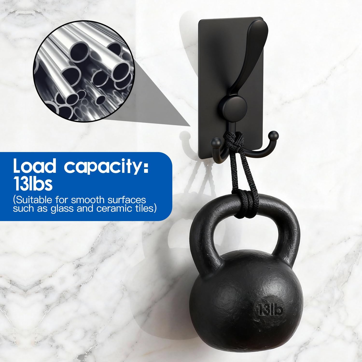 2 Pack Extra Large Adhesive Hooks, 13lb Stainless Steel Sticky Towel Hooks