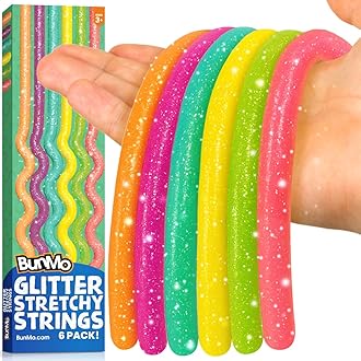 BUNMO Sensory Toys Stretchy Strings for Toddlers 3+ - Stimulating & Addictive Fidget Toys for Kids - Hours of Fun for Kids - Non-Mouthable Toy 3+ - Glitter 6 Pack