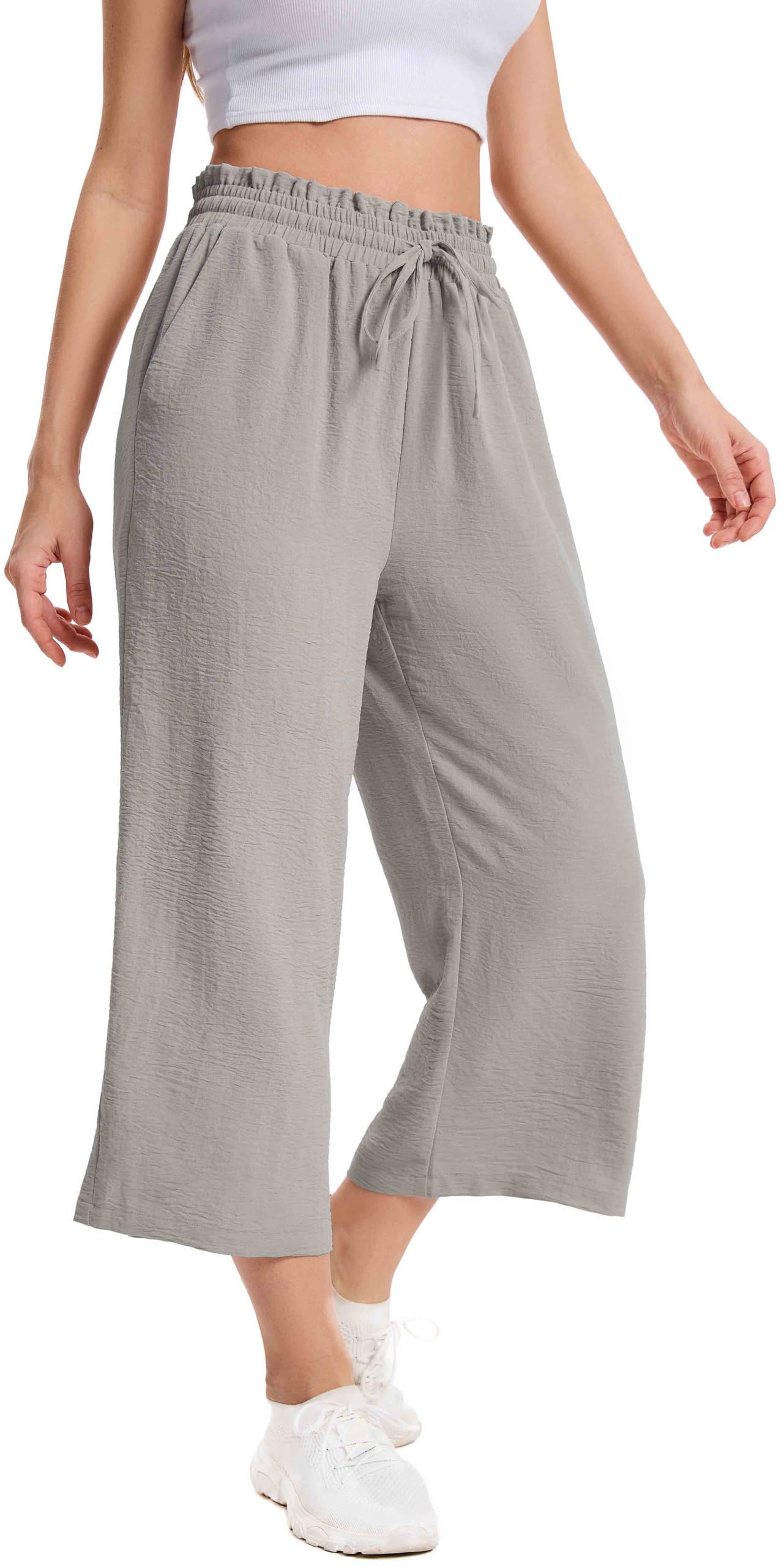 Damskie Spodnie Letnie 3/4 Culotte Wysoki Stan z Falbanką Elastyczną Talią Lekkie Oddychające Spodnie Capri z Kieszeniami dla Kobiet