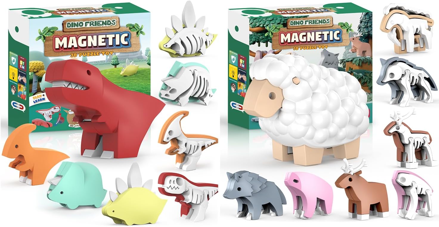 Magnetic Dinosaur Building Toys, STEM Toddler Learning Toys 3D Puzzle Dinosaur for Boys Girls, Educational Magnetic Travel Montessori Toy Dinosaurs, for Kids 3 4 5 6 7