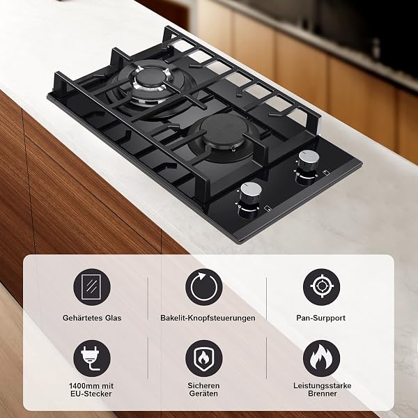 Plaque de cuisson à gaz à 2 feux, 30 cm, noire, en verre trempé, avec supports en fonte, convertible NG/LPG, plaque de cuisson à gaz avec protection contre la flamme - 5