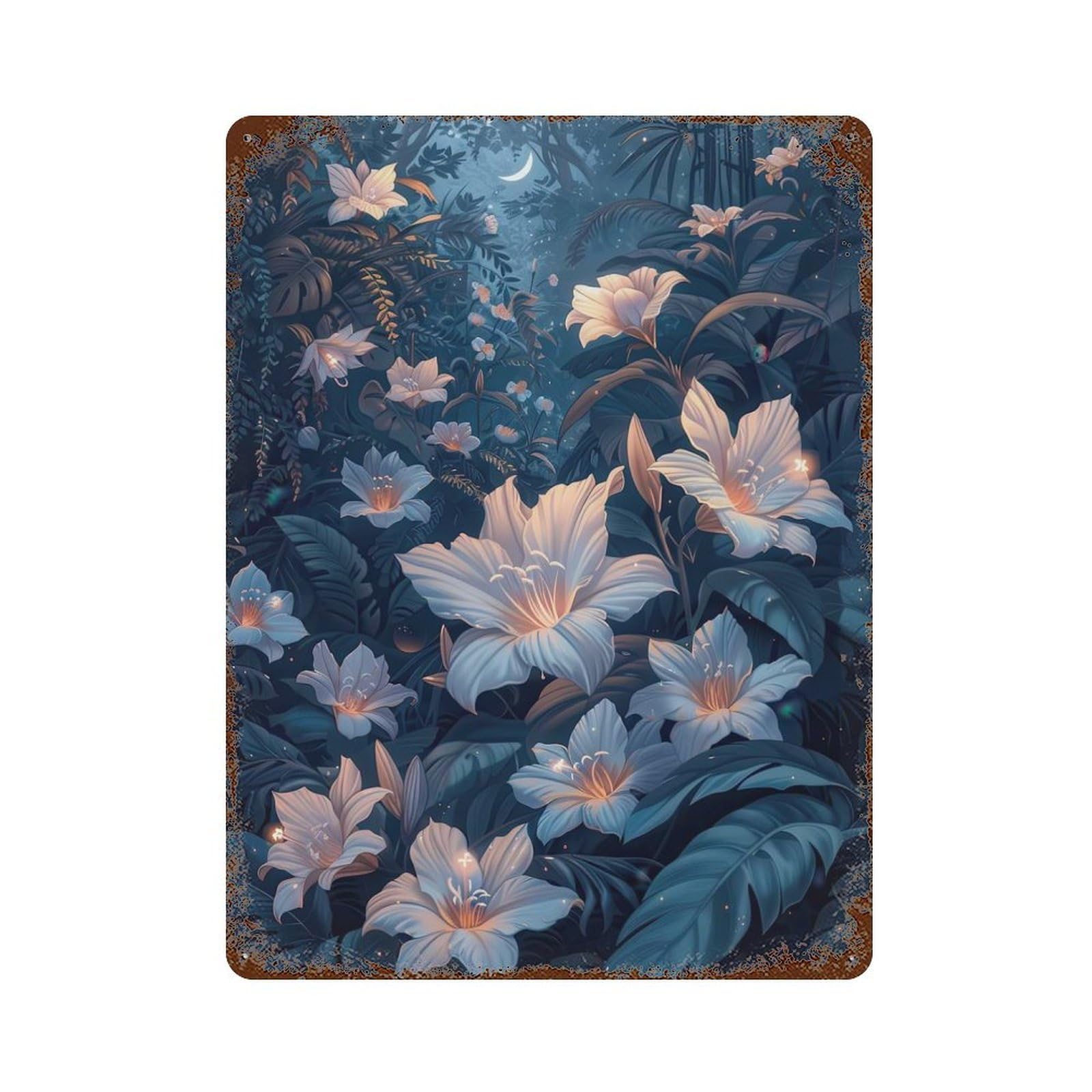 Rust Effect Moonlit Forest Flowers Aged Metal Wall Plaque 15.7"x11.8", Shabby Chic Decor for Basement, Hobby Room And Garage Decor