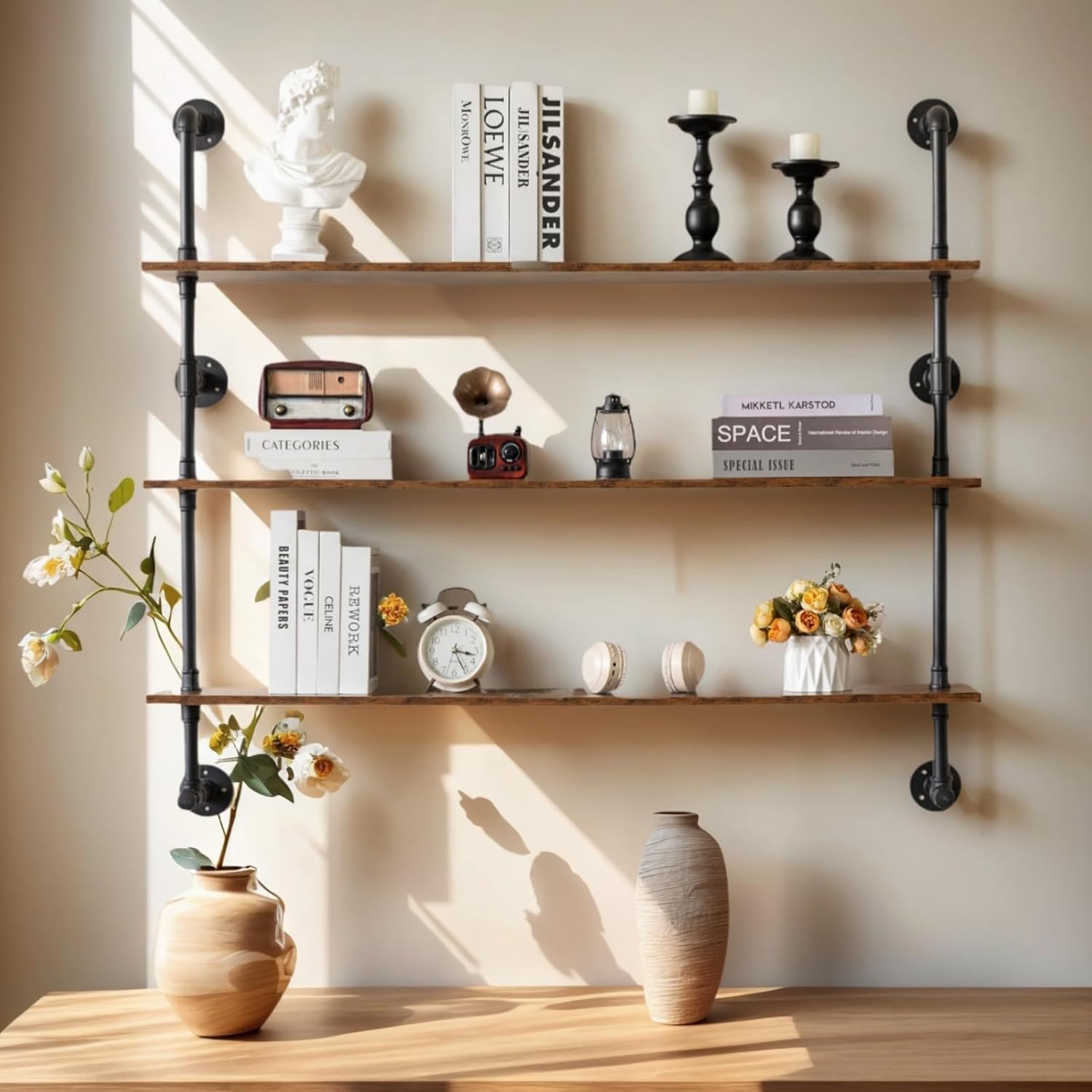 Industrial Pipe Shelving 48inch Wall Mounted, Rustic Floating Shelves with Wood Shelf, 3 Tier Farmhouse Bathroom Shelves Over Toilet, Industrial Pipe Shelf for Kitchen, Living Room Decor 48in 3tier