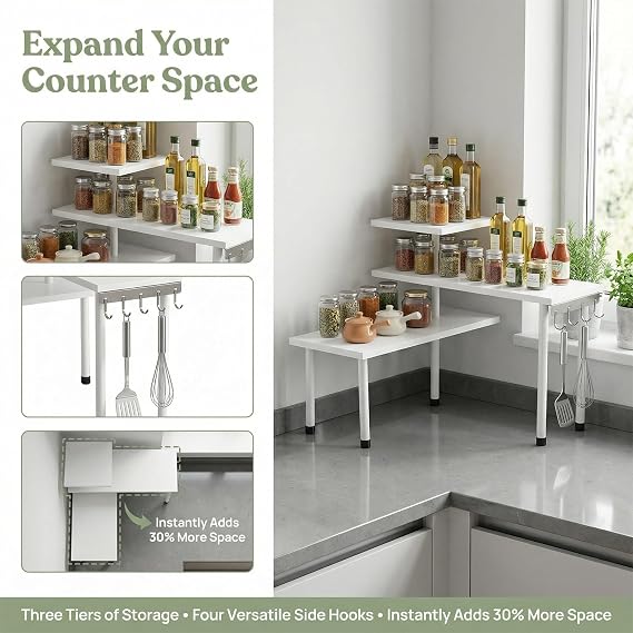 3 Tier Corner Shelf Countertop Organizer, 4 Side Hooks, Wood Metal Moveable