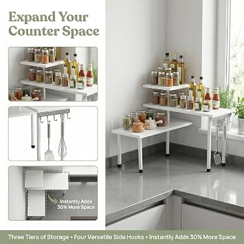 3 Tier Corner Shelf Countertop Organizer, 4 Side Hooks, Wood Metal Moveable