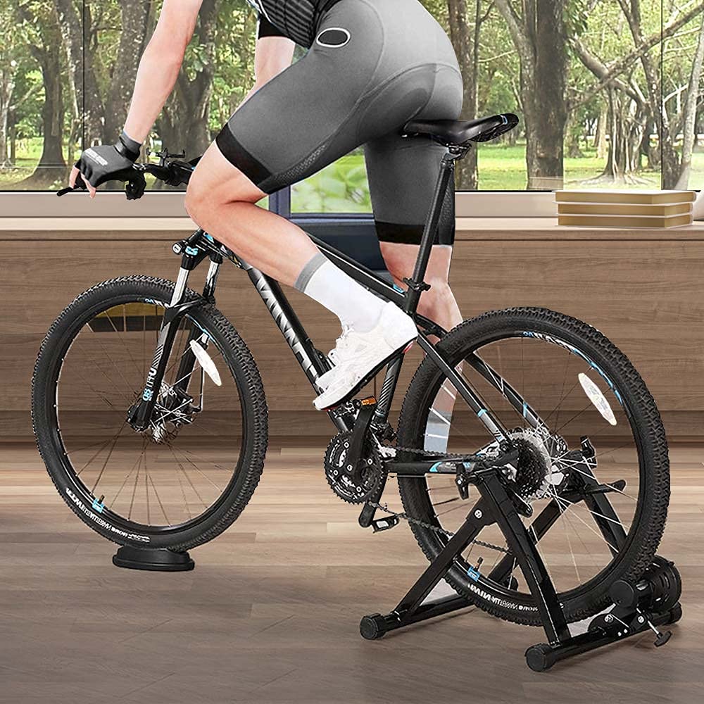 Bakaji Vélo Trainer Intérieur Support Rouleau Magnétique 6 Niveaux de Résistance Entraînement Cardio Fitness Montagne en Acier Pieds Réglable Structure Pliable