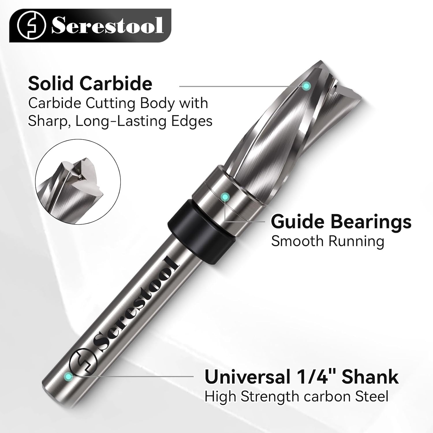4PCS Top Bearing Flush Trim Router Bit Set 1/4 Shank, 3/8" Cutting Diameter, 1/4,3/8,1/2,3/4" Cutting Length, 3 Flutes Down Cut, Carbide Spiral Pattern Template Bit for Wood Trimming