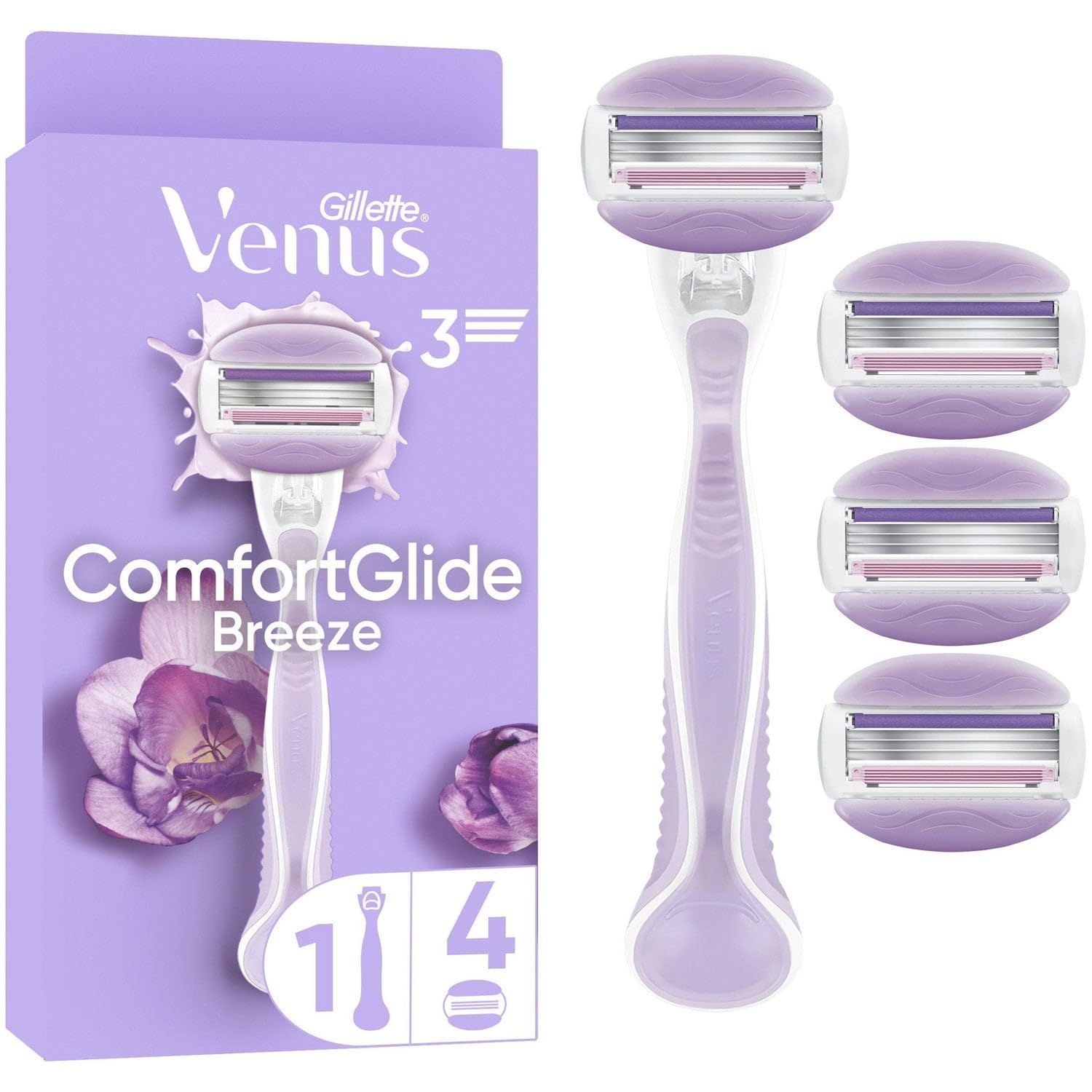 Venus Gillette ComfortGlide Breeze Maszynka do usuwania włosów, wymienna maszynka do usuwania włosów 1 części zamienne, metalowy uchwyt i uchwyt pod prysznic