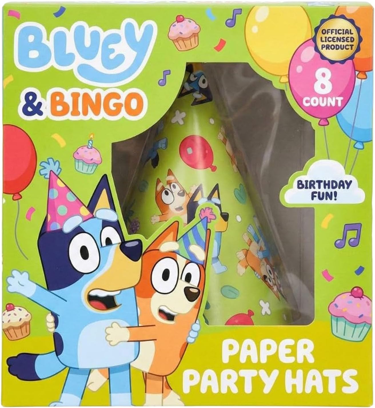 Bluey & Bingo Paper Party Hats, 4.25" x 6", 8-Count Cone Hats with Elastic for Kids’ Birthday Parties