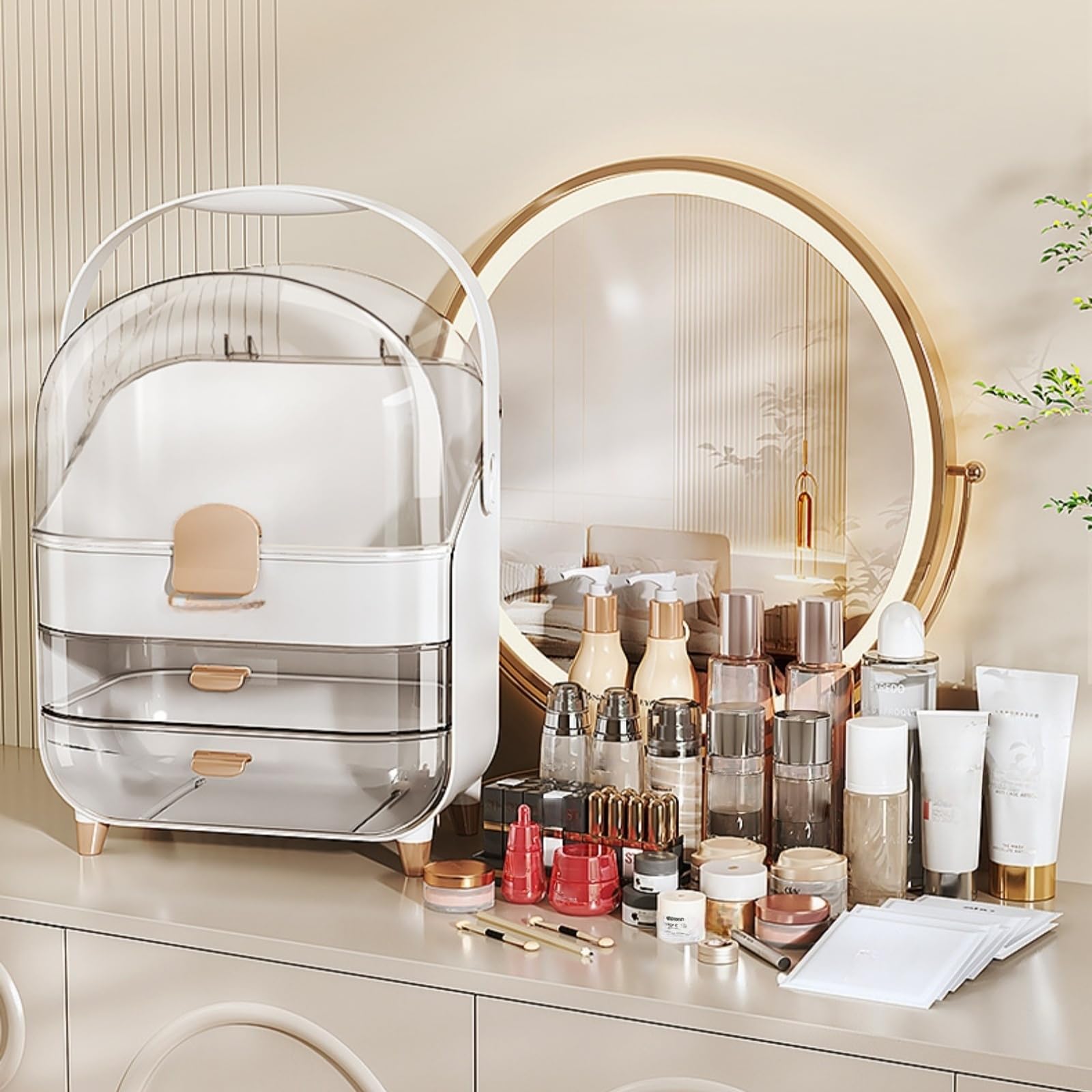 Organizador de maquillaje, organizadores para el cuidado de la piel con tapa transparente y 2 cajones y soporte giratorio de 360° para brochas