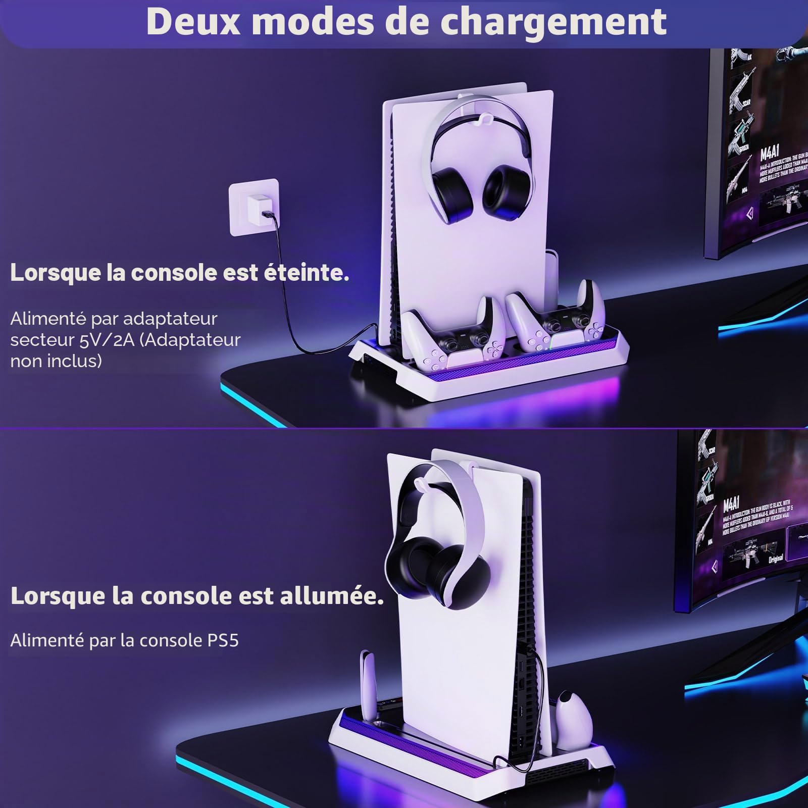 JORREPStation de recharge pour PS5/Slim/Pro et manettes Station de recharge pour console PS5 avec ventilateur de refroidissement, double chargeur de manettes,support de refroidissement