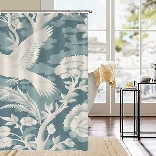Miniatura 206 de Cortinas de ducha de baño con ganchos, 72 x 92 pulgadas, cortina de ducha de tela impermeable con diseño de flores y pájaros, cortina de ducha