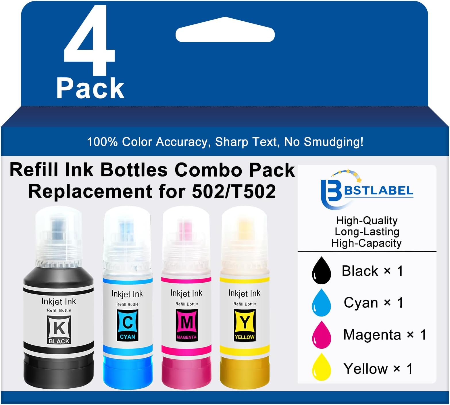 Replacement for 502 T502 Refill Ink Bottles Work for ET-2850 ET-3830 ET-3850 ET-2760 ET-3760 ET-15000 ET-4760 ET-4850 ET-2700 ET-2750 ET-4750 ET-3700 (Black Cyan Magenta Yellow 4 Pack)