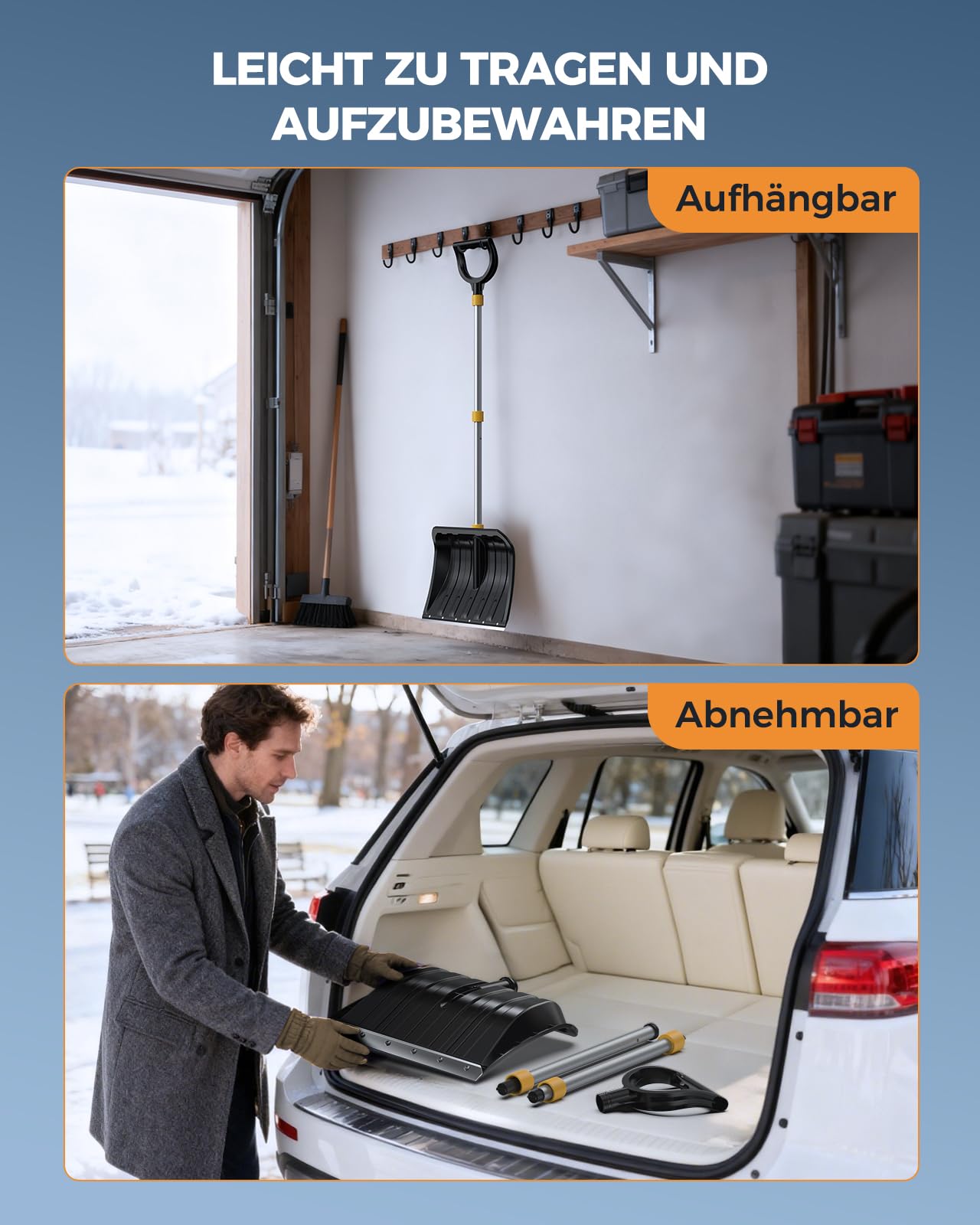 Grande Pelle à Neige de 1400 mm avec Manche Tubulaire en Aluminium épais, Poignée en Forme de D et Manche Long Détachable en Trois Parties, Adaptée aux Voitures, Allées, Terrasses, Etc.