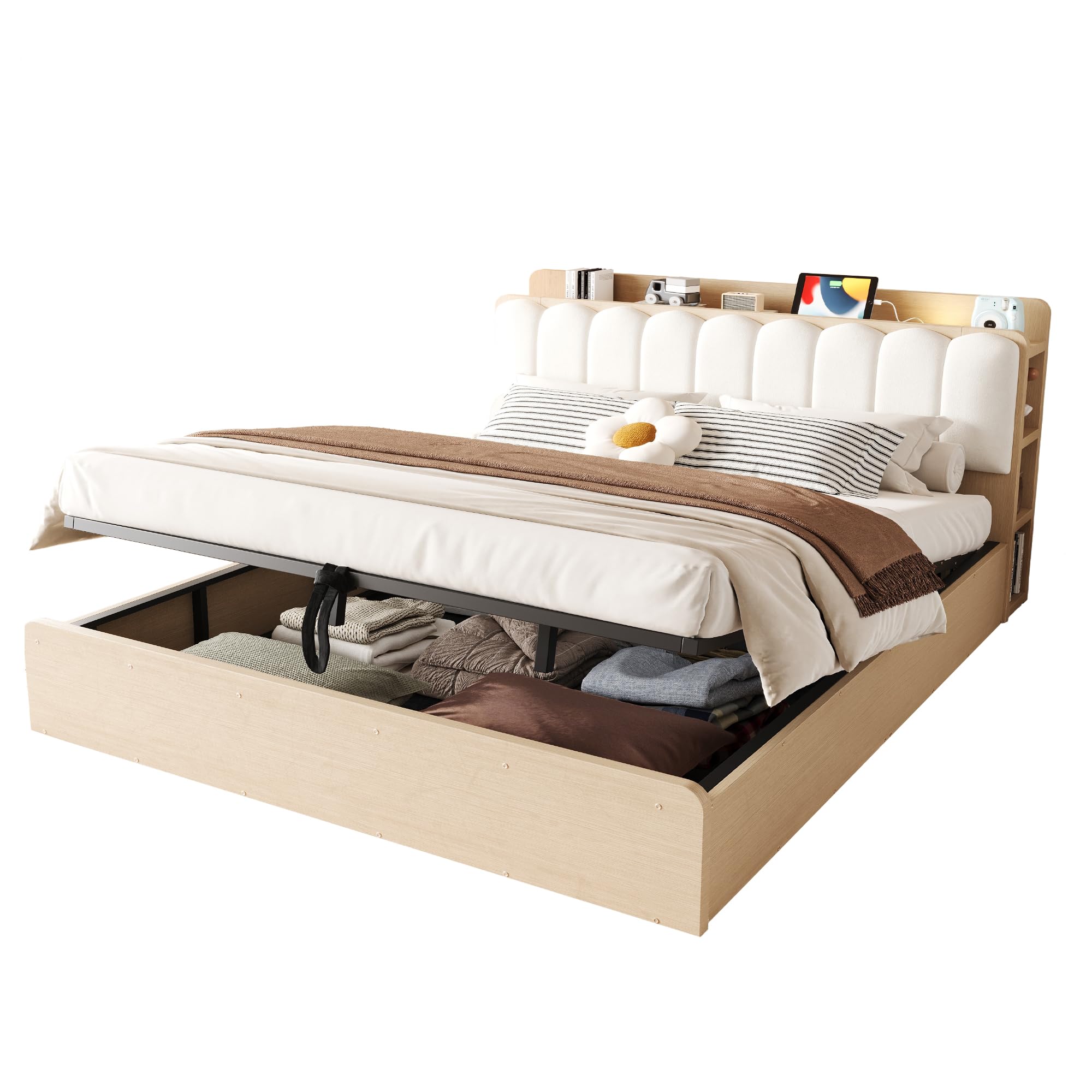 Cama Canapé 180x200 con Almacenamiento Integrado Cama Tapizada con Somier de Lamas Double Bed con Cabecero y Compartimentos Estructura de Madera con Elevación Hidráulica Estudio