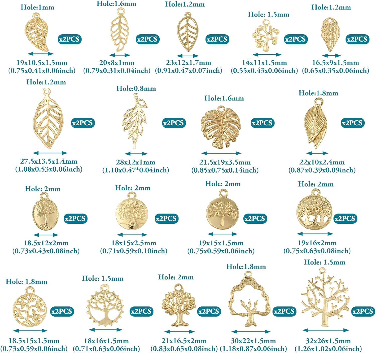 18 Styles Tree Leaf Charms Tibetan Branch Leaves Charms Metal Leaf Filigree Pendants Antique Gold Vintage Leaf Pendants for Earring Bracelet Necklace Kaychain Jewelry Making 36pcs - Image 5