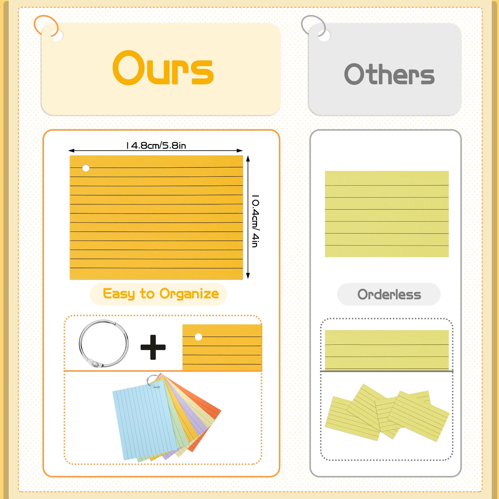 Flash Cards A6 Lignées 150 g/m² avec Couverture Kraft Anneaux de Reliure Cartes de Révision Multicolores (14,8 x 10,5 cm)
