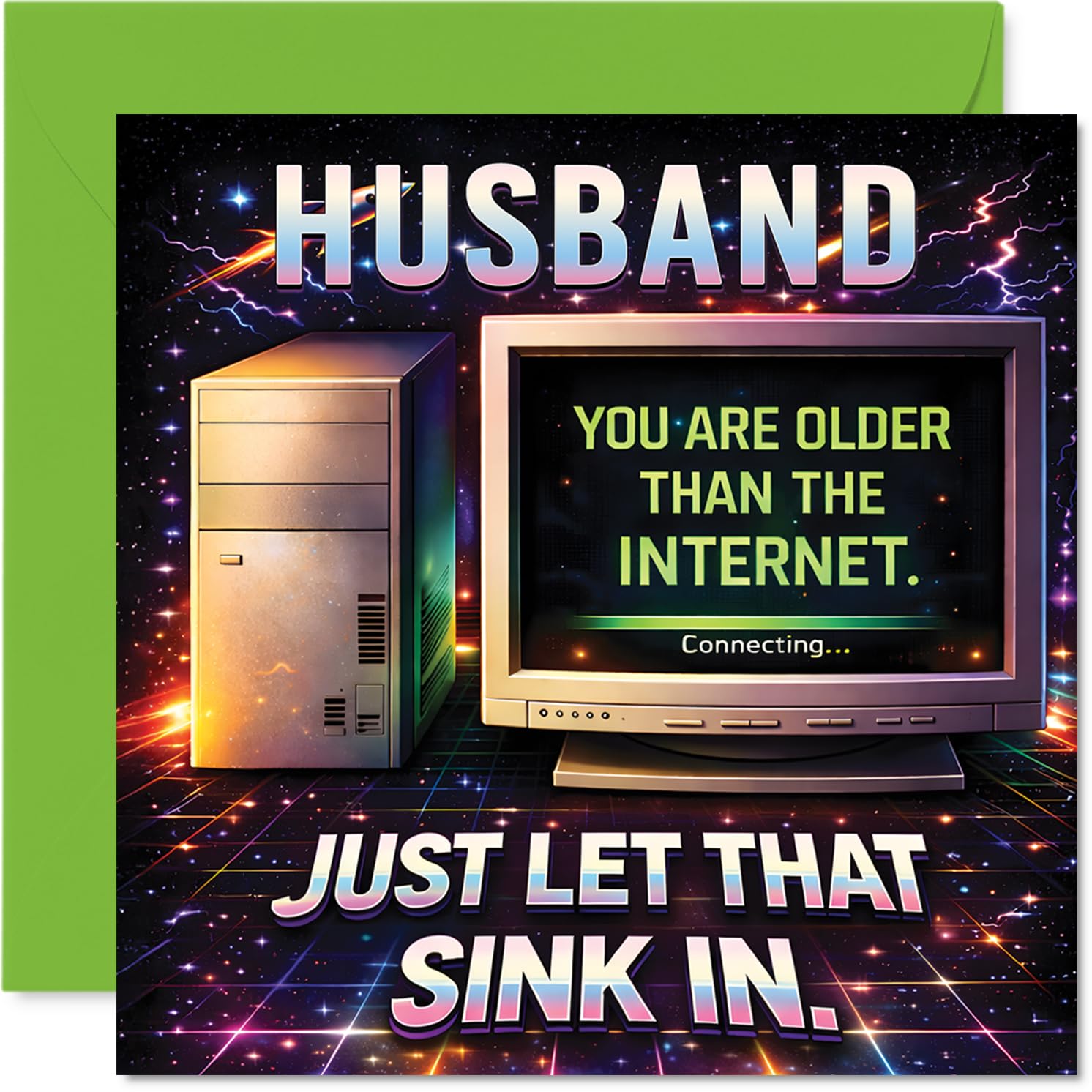 Funny Birthday Card for Husband - Outrun by the Internet - Retro Tech Humour with Playful Digital Graphics - 145mm Square, Envelope Included