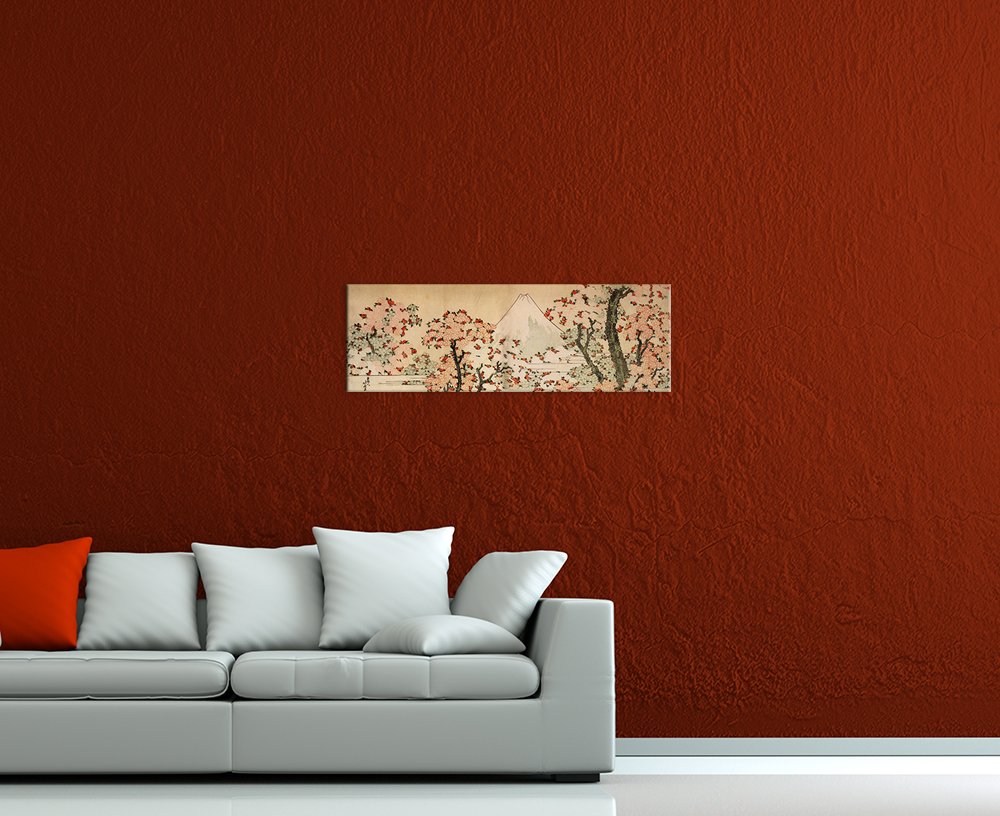 Bilderdepot24 Bild auf Leinwand | Katsushika Hokusai Blick auf den Fujijama mit blühenden Kirschbäumen in 120x40 cm als Wandbild | Wand-deko Dekoration Wohnung alte Meister | 180203-120x40