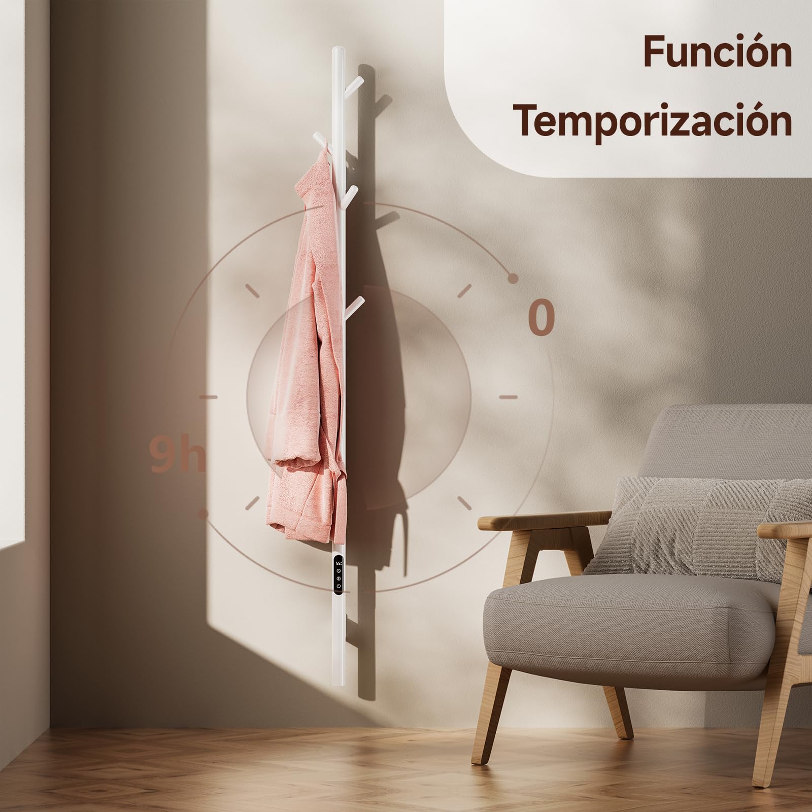 Radiador Toallero Eléctrico,Toallero calefactable Blanco,153cm Radiador eléctrico una sola varilla inteligente WIFI,con pantalla LED, Temporizador y 7 ganchos,Bajo Consumo De Energía Towel Warmer