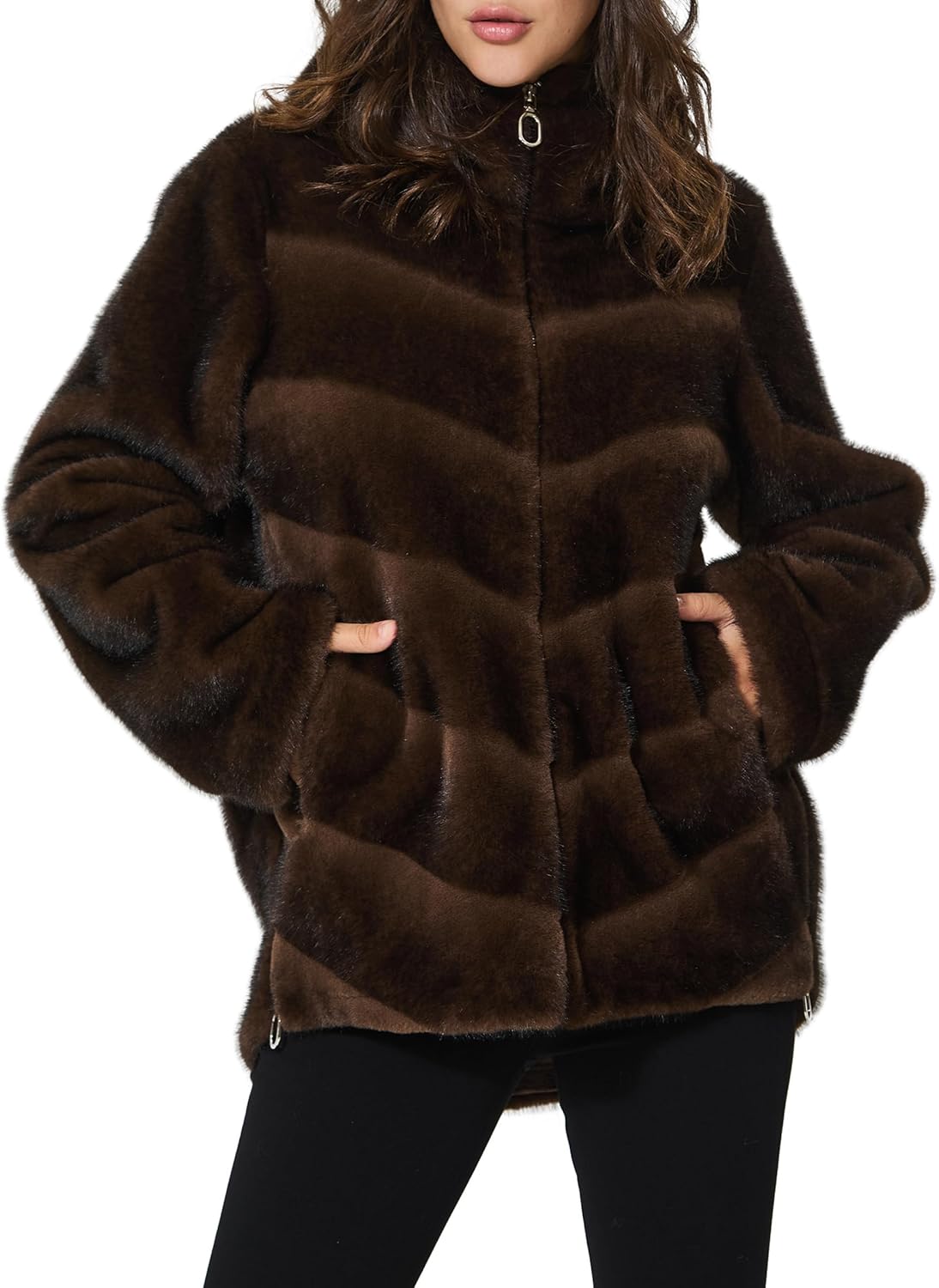 Women's Faux Fur Jacket Zip Up Faux Mink Fur Fluffy Open Front Hooded Coat Warm Fall Winter Coats with Pockets - Image 3