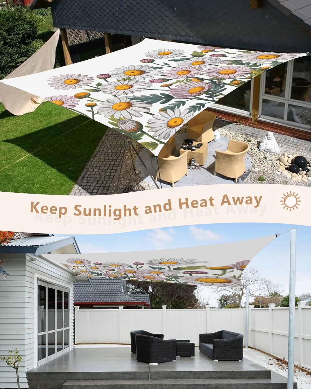 Botanical Flowers Sun Sail Shades Rectangle Canopy,Sunlight Block Heavy Duty Curved Backyard Shade Cover,Watercolor Farmhouse Daisy Herbs Waterproof Sun Shades for Patios Garden Pergola 6.5'x10'