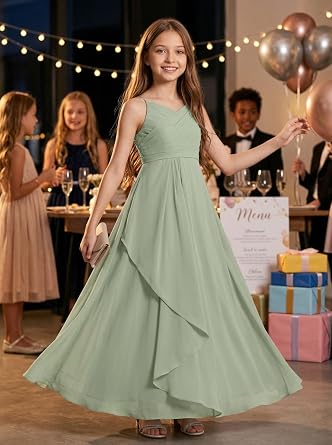 FLwuhui Junior Bridesmaid Dresses V-Neck Chiffon Flower Girl Dress for Wedding Girls Formal Dress