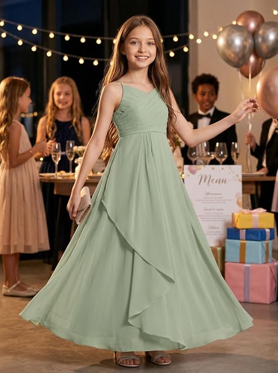 FLwuhui Junior Bridesmaid Dresses V-Neck Chiffon Flower Girl Dress for Wedding Girls Formal Dress