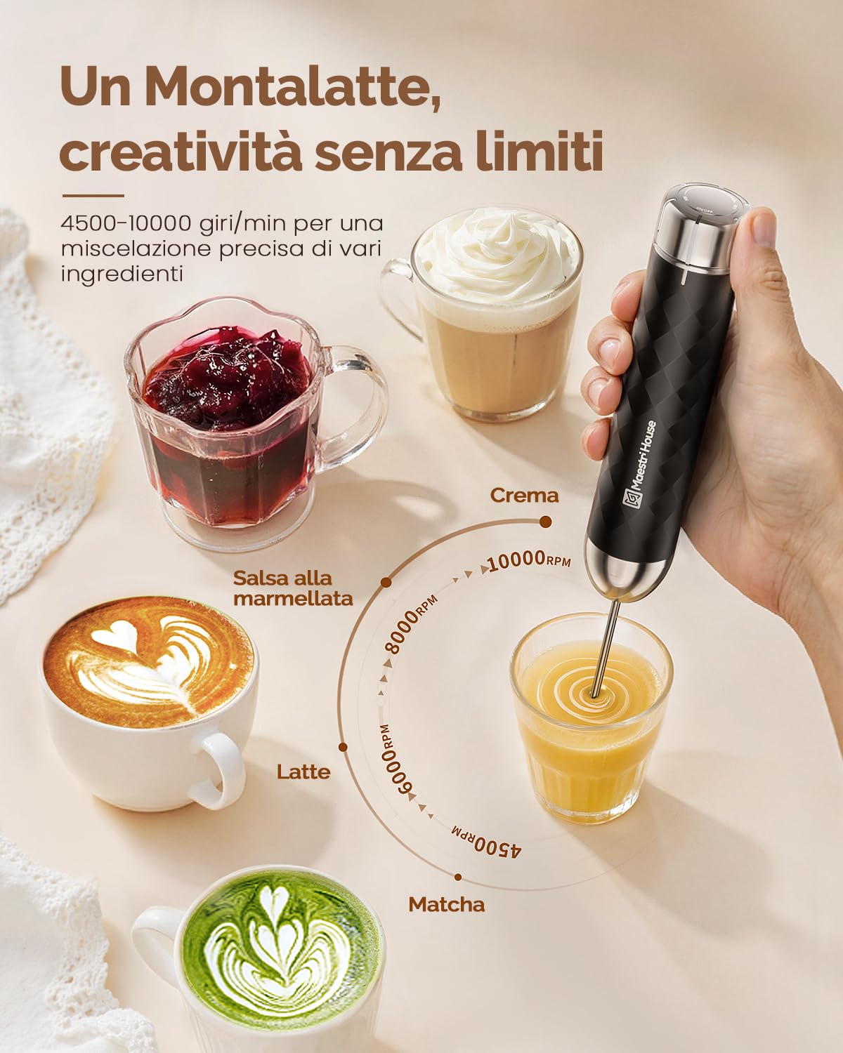 Maestri House Montalatte, Frusta elettrica con regolazione continua della velocità, Frullatore ricaricabile con frusta e supporto in acciaio inox, frullatore per bevande per matcha