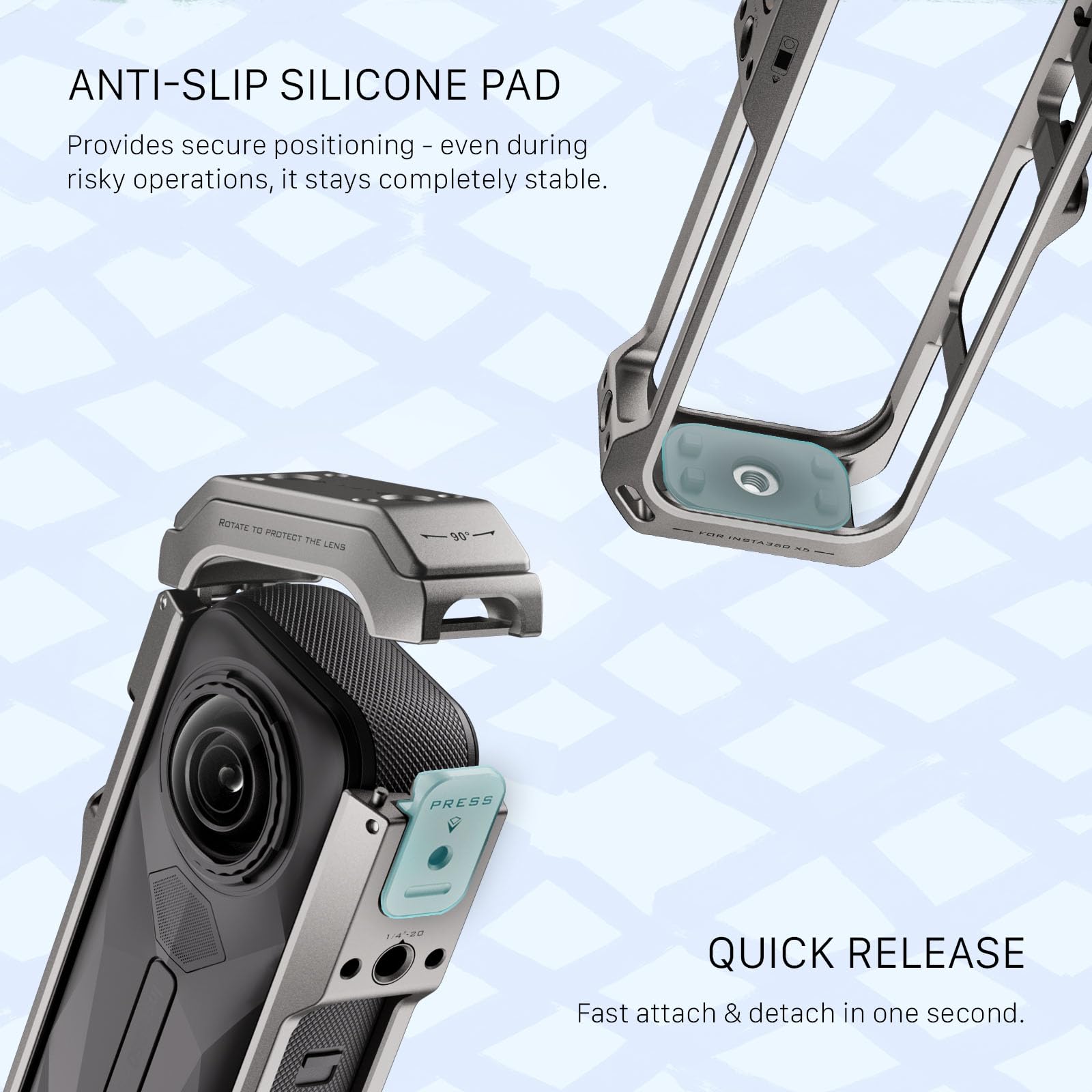 Tilta Jaula Insta360 X5, Jaula Completa para Cámara Compatible con Insta360 X5 con Roscas de 1/4”-20, Receptor de Zapata Fría - Gris Titanio TA-T90-FCC-TG