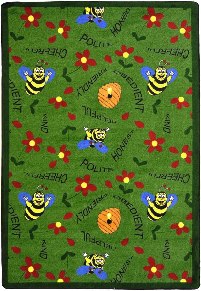 Joy Carpets 1451D-03 Bee Attitudes Green 7 ft.8 in. x 10 ft.9 in. 100 Pct. STAINMASTER Nylon Machine Tufted- Cut Pile Just for Kids Rug