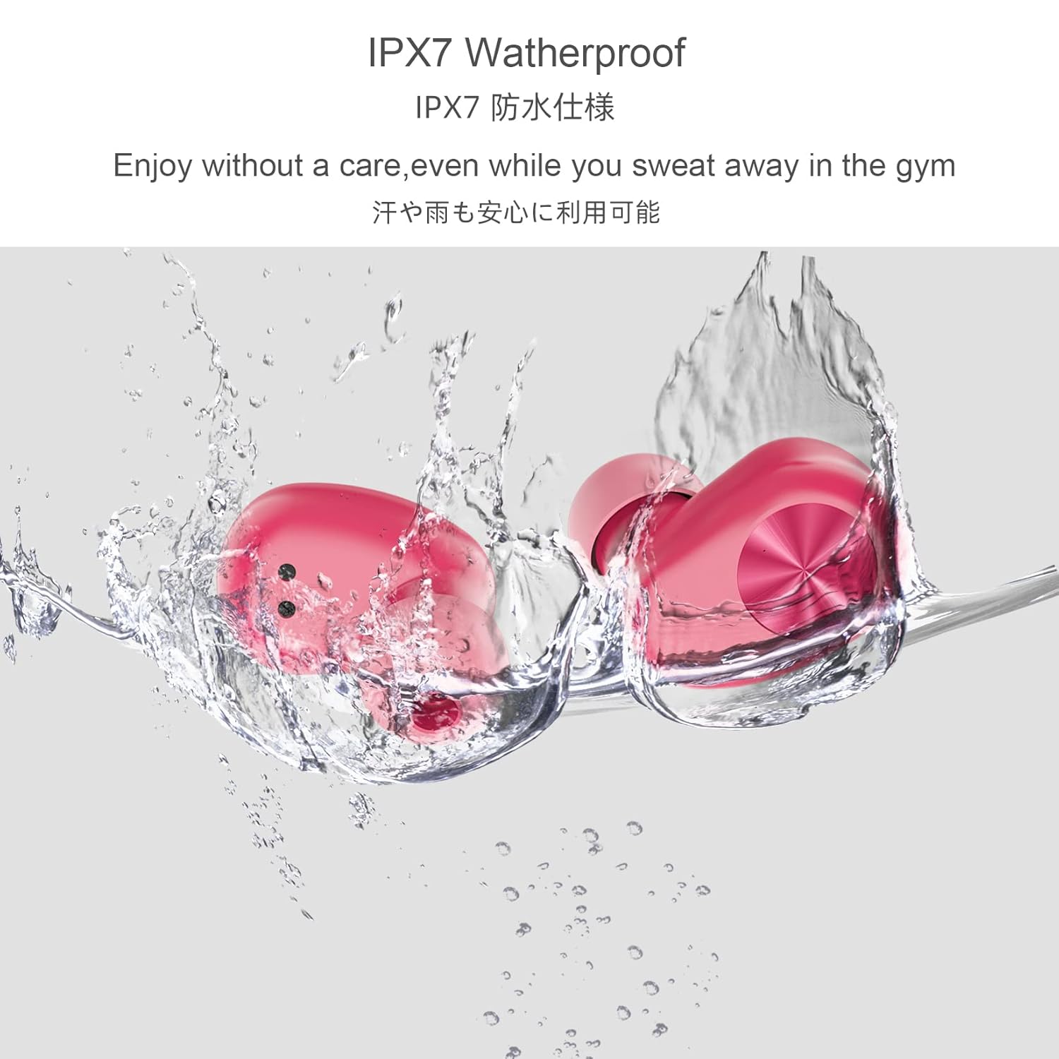 Eono Eonobuds 1 earbuds being splashed with water, illustrating their IPX7 waterproof rating.