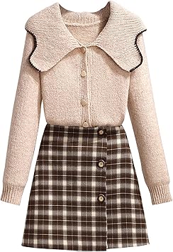 Amazon Co Jp ニットワンピースレディーススカートゆったりシルエットワンピースニットカーデ セーター 格子縞バッグヒップスカート秋冬柔らかい カジュアル上下セット重ね着風日常 部屋着 お出かけ 通勤レディースマキシスカートセット 服 ファッション小物