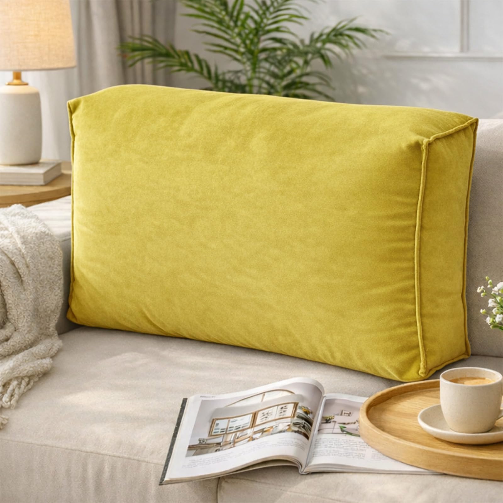 Almohada ergonómica de apoyo lumbar para cama y sofá, color amarillo, 80 x 12 x 45 cm, cojín de respaldo ideal para relajación del sueño y apoyo postural, mejora la comodidad y la salud de la espalda