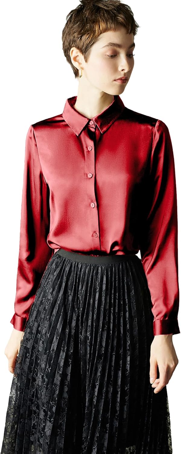 Women’s Solid Color Long Sleeve Shirt with Square Collar, Satin Gloss Office Blouse, Slim Fit Workwear Top