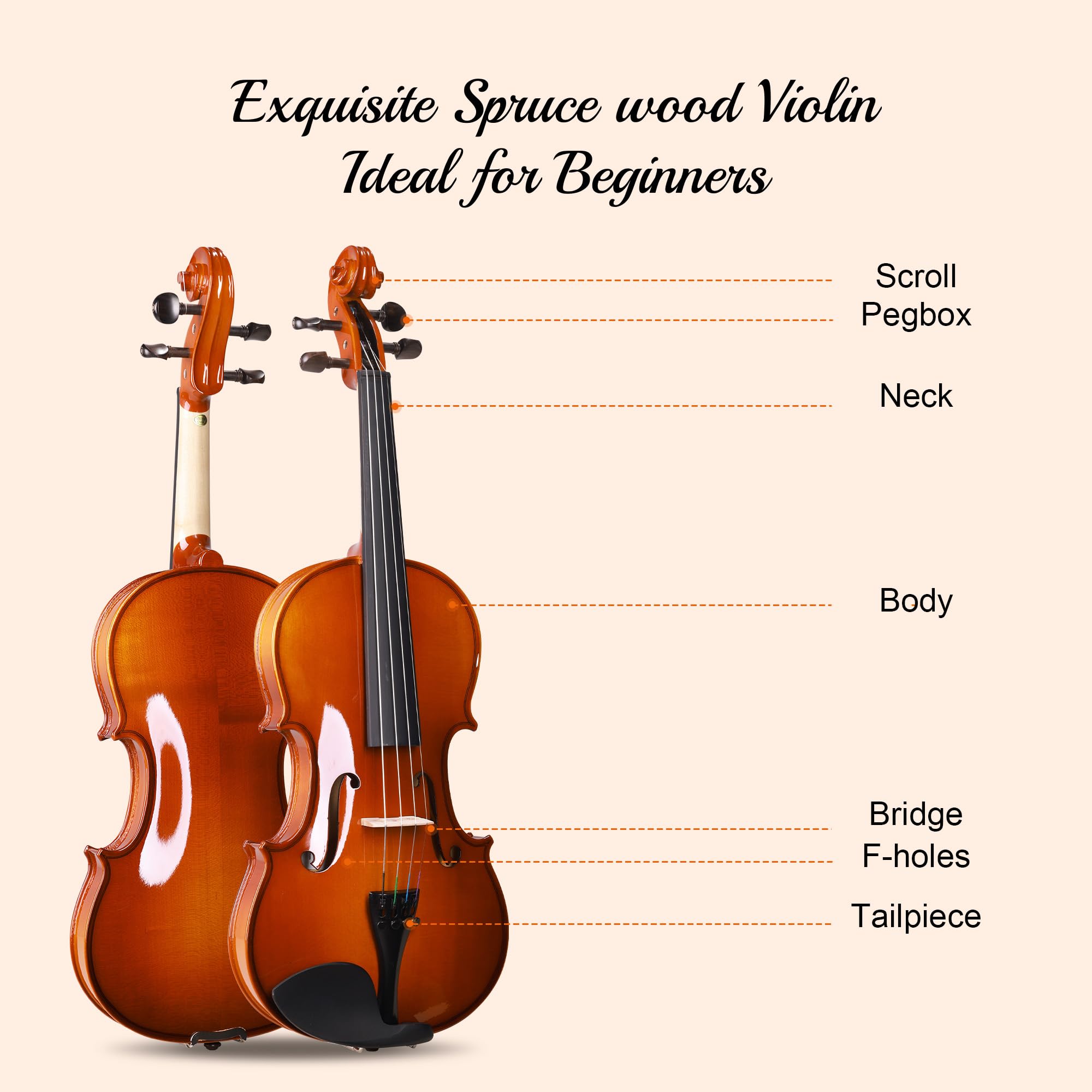 ADM Violino acustico per principianti 4/4, set di violino in legno massello di ebano, per adulti, adolescenti, studenti, starter kit con custodia rigida, spalliera, arco, leggio musicale, corde