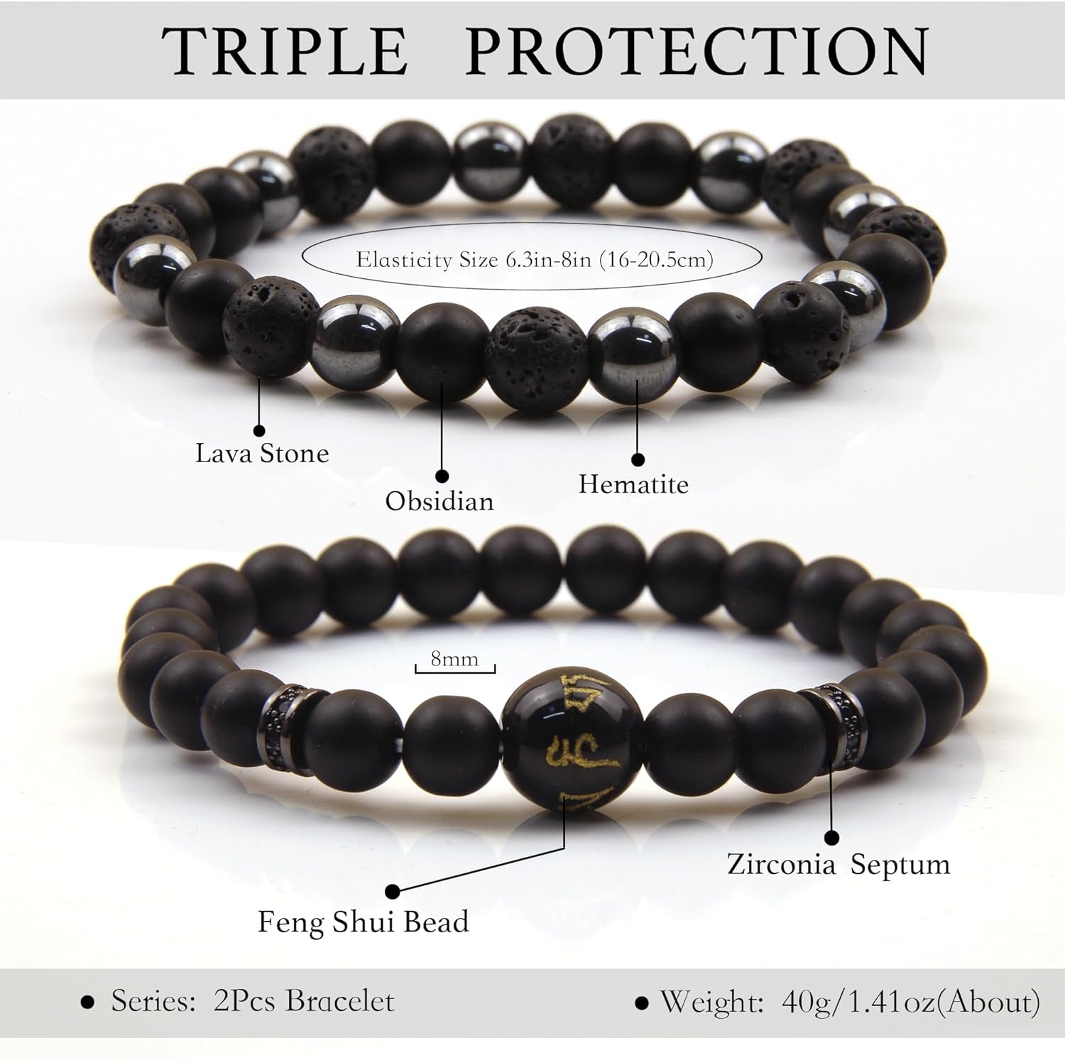 GDLKPYHS Black Obsidian Bracelet for Men - Black Tourmaline Beaded Bracelets - Mens Bracelet Set 8MM Black Onyx Hematite Lava Stone Beads Triple Protection Bracelet for Men Women Gifts - Image 4
