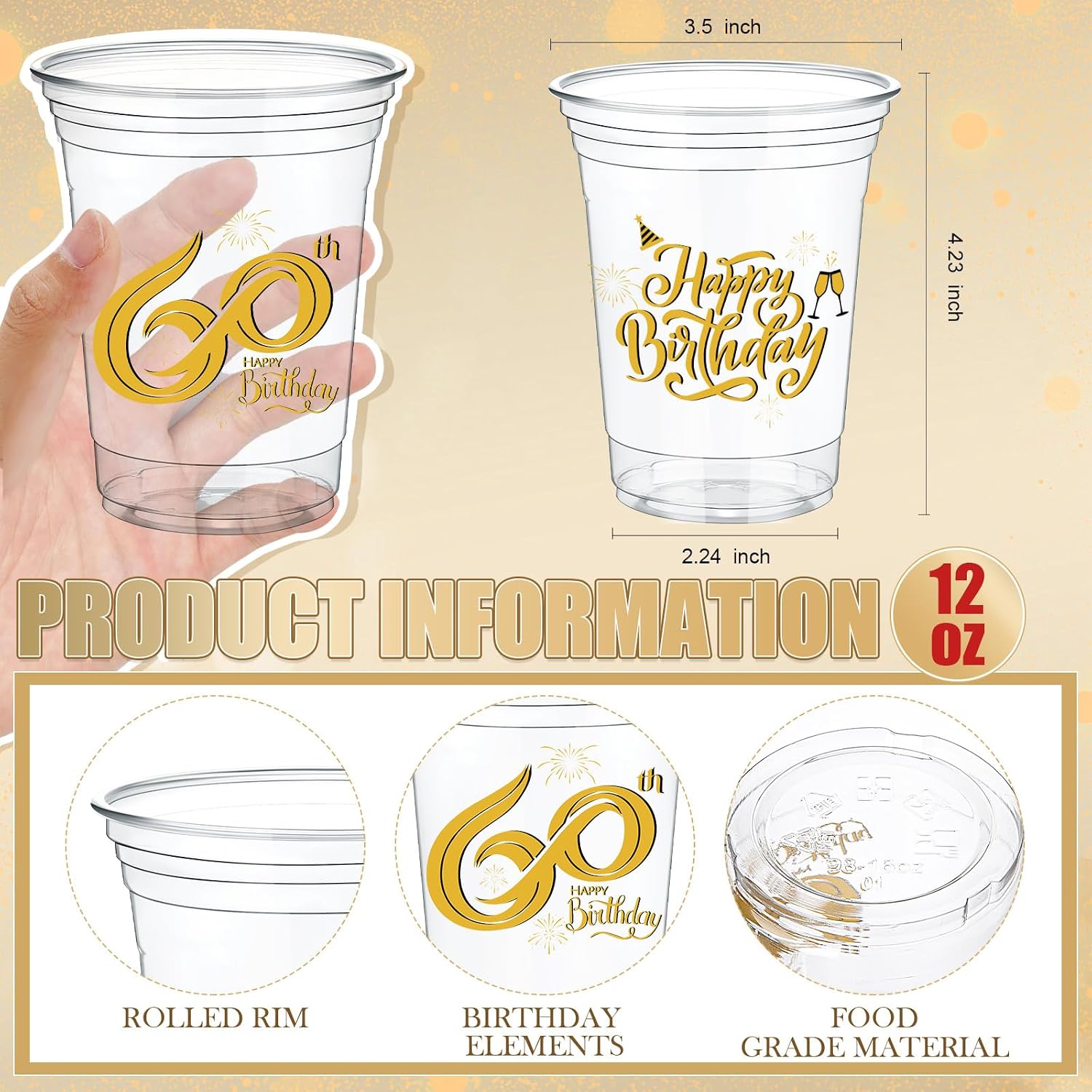 60 Pcs 12 oz 60th Birthday Party Plastic Cups 60th Happy Birthday Cups Cheers to 60 Years Clear Tumblers Decorations for Party Supplies