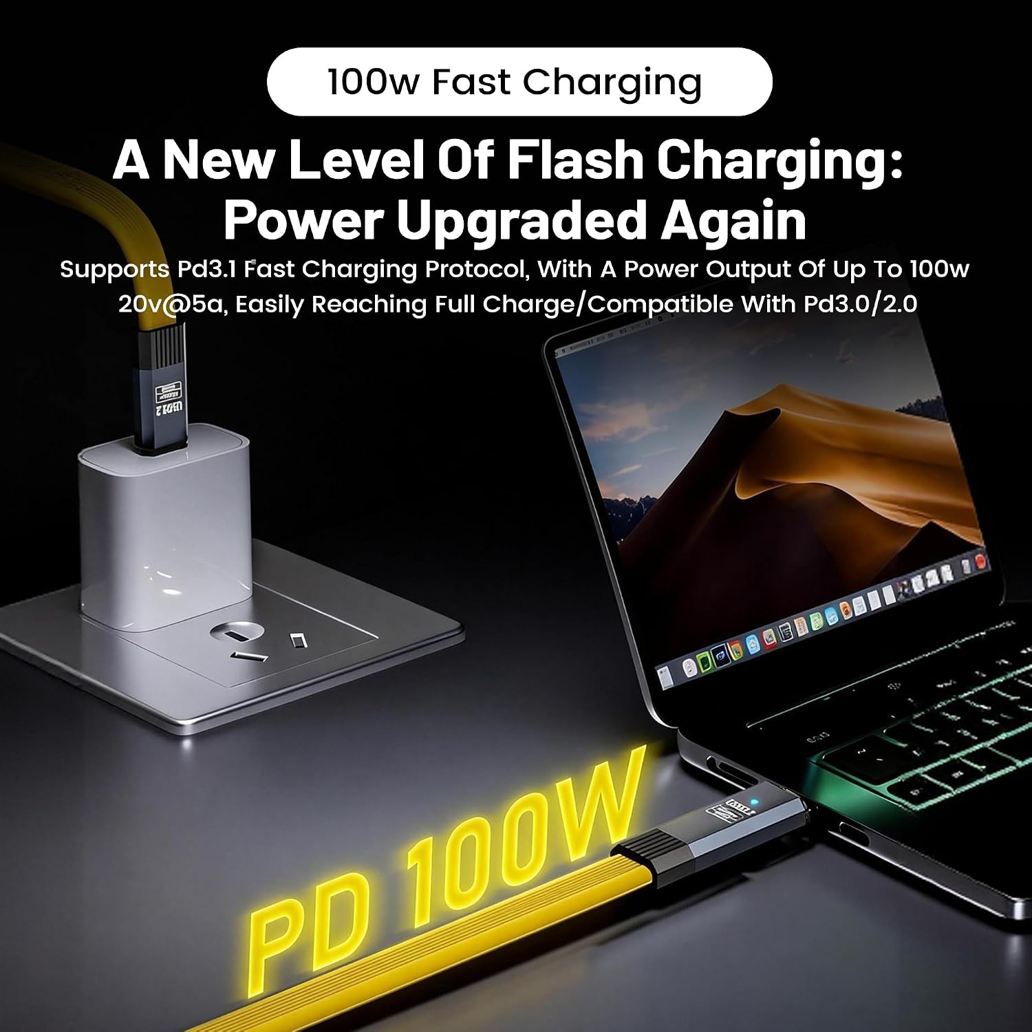 100W USB-C Short Fast Charging Cable Type-C Male to Male FPC Flexible Ribbon Cable USB 3.2 Data Cable for Mobile Phones,Power Banks,Laptops,etc (Yellow-0.8M) image 2