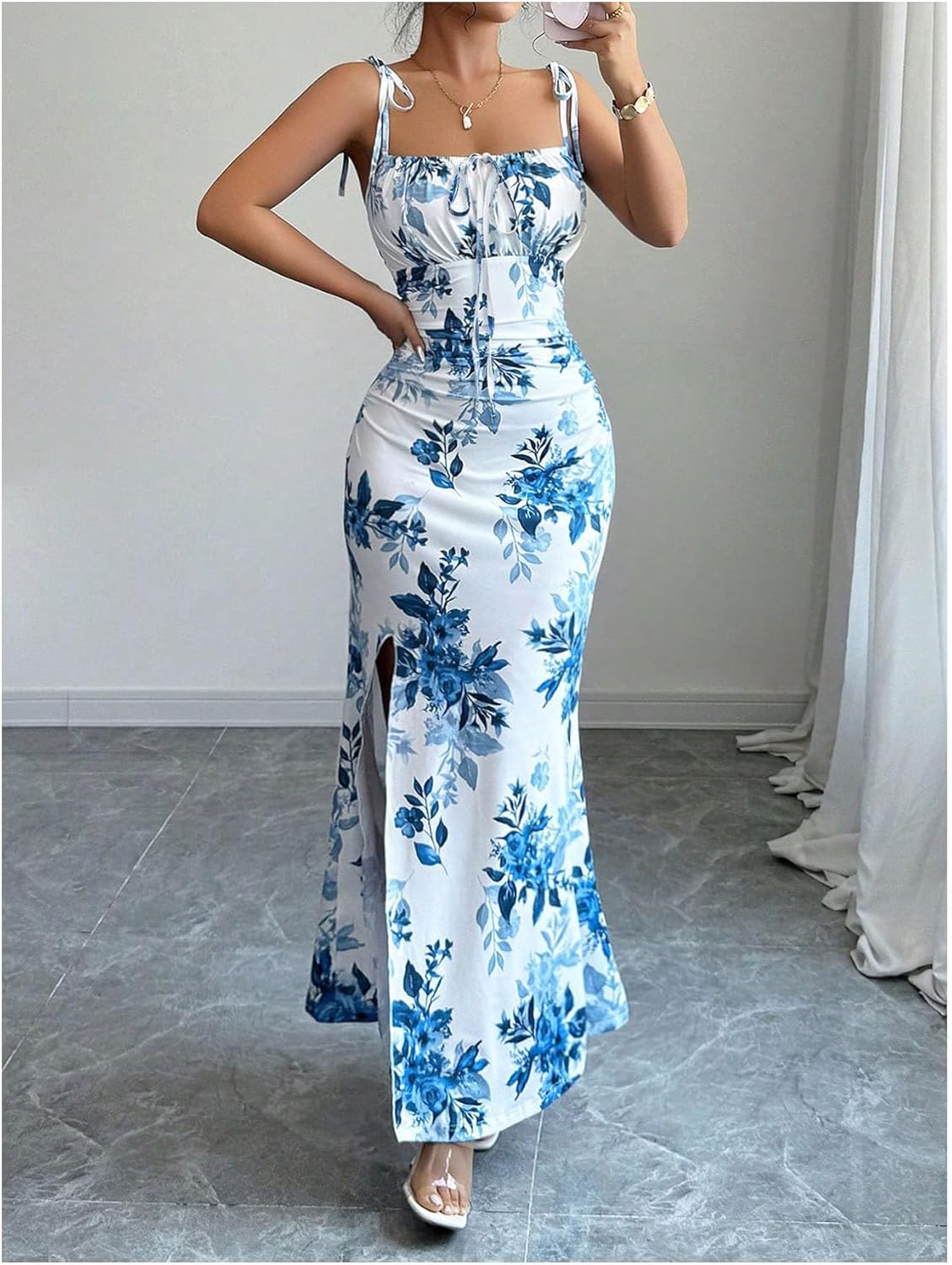 GORGLITTER Women's Floral Summer Wedding Guest Dress Ruched Milk Maid Cocktail Party Bridal Shower Beach Sun Dresses - Image 3
