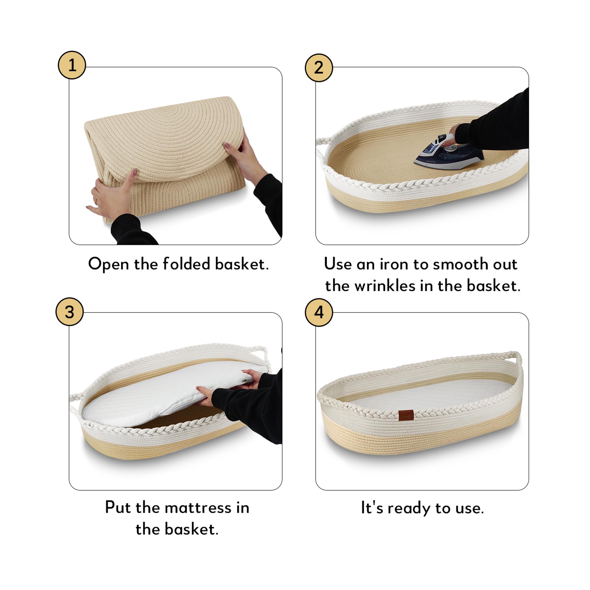 Cesta Cambiador Bebé Portátil, Canasta Mueble Recién Nacido, Cambiador de Mesa Impermeable Pañales, Funda Extraíble Suave con Cremallera, Nido Plegable de Viaje 100% Algodón Natural (Beige)