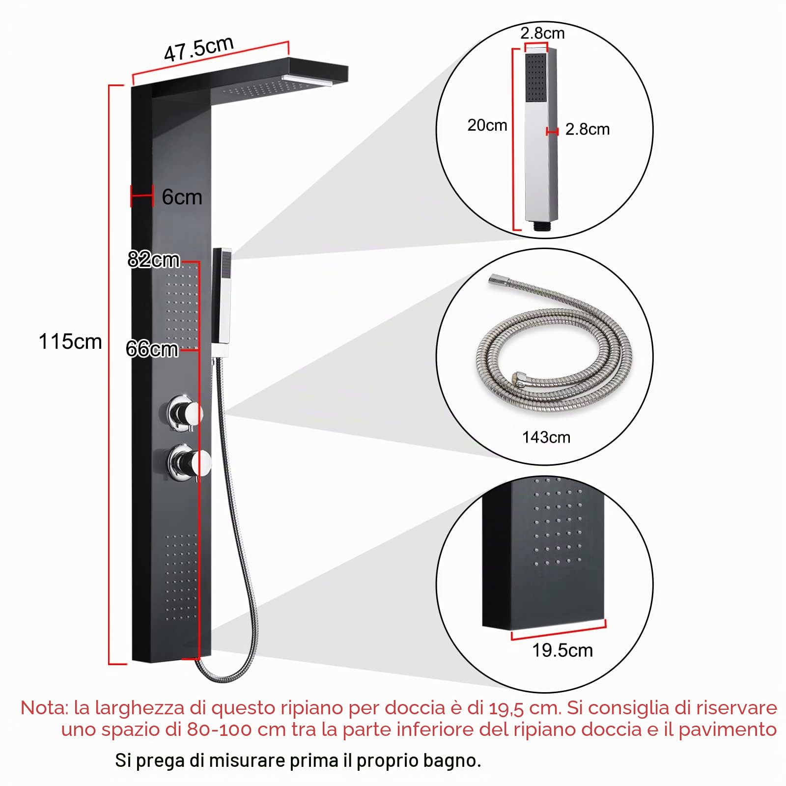 Froadp Sistema Doccia a Pioggia Pannello in Acciaio Inox Spazzolato Montaggio a Parete set Doccia con Doccia Idromassaggio Cascata e set Doccia Doccetta Lusso per Bagno (Nero Opaco)