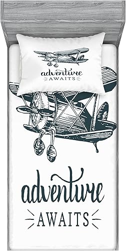 Miniatura 80 de Ambesonne Juego de sábanas bajeras y fundas de almohada, dibujos de aviones antiguos, vuelos clásicos con fechas, estilo vintage, diseño nostálgico,