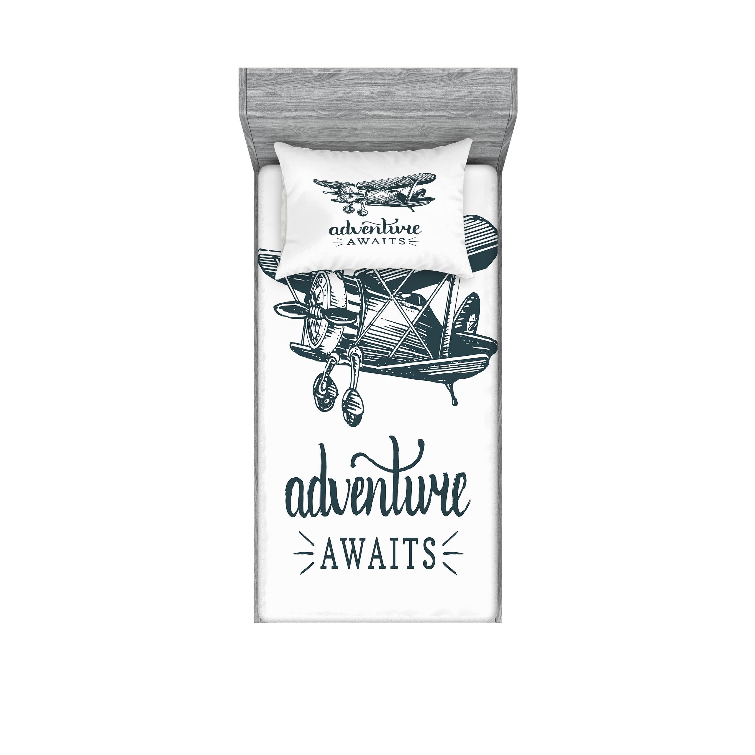 Ambesonne Saying Fitted Sheet & Pillow Sham Set, Vintage Airplane with Typography Aviation and Adventure Theme Print, Decorative Printed 2 Piece Bedding Decor Set, Twinxl, Petrol Blue