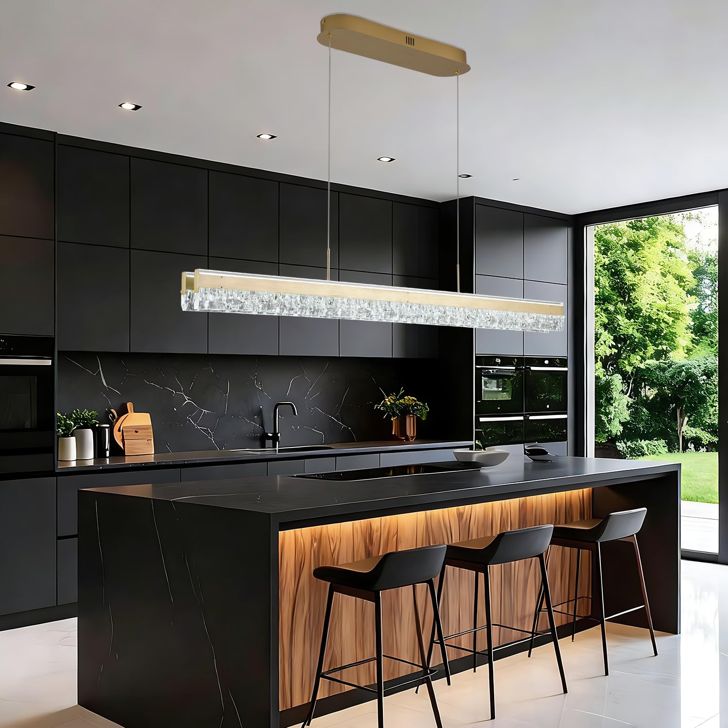 Goldene LED Pendelleuchte Moderner Kronleuchter Linear Kristall Esstischlampe Hängend Kücheninselbeleuchtung Minimalistische Dimmbare Deckenleuchte für Esszimmer mit Fernbedienung