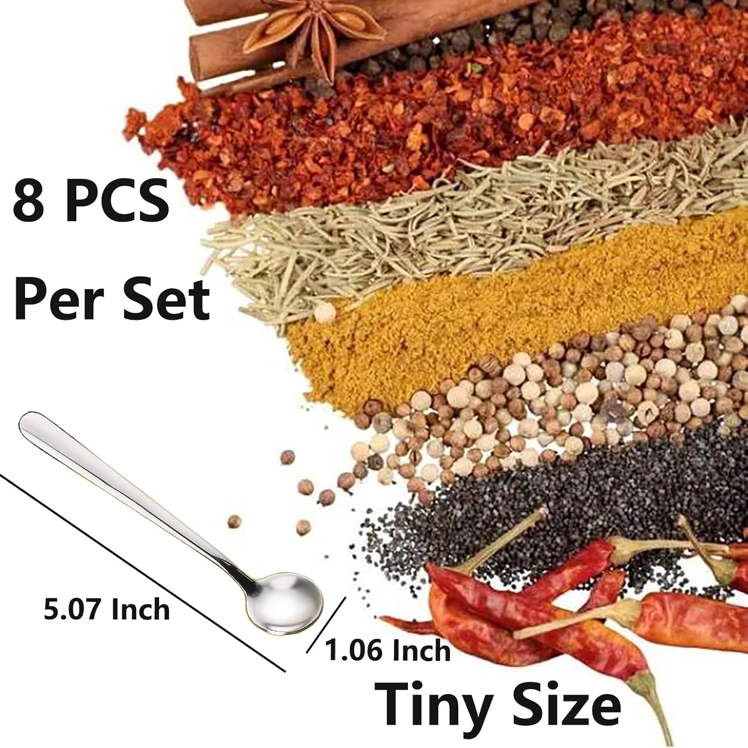8 PCS Mini Spoons, 5.07" Tiny Stainless Steel Spoons for Spices Jars, Small Condiment Spoon for Spices, Salt, Sugar, Pepper, Honey, Tea, Coffee, Ice Cream (8 PCS, 5.07", Silver)